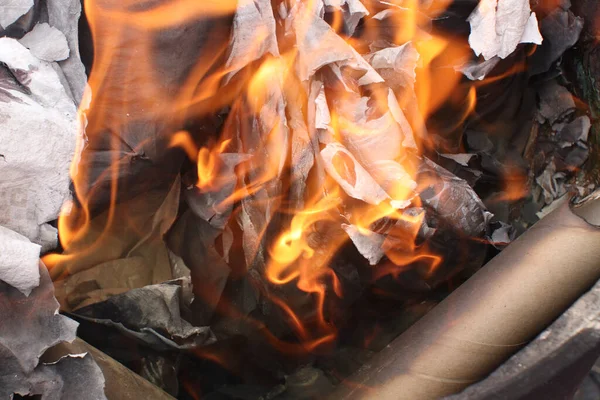 Fire Burning Paper in a Metal Barrel. Environment and industry concept photography.