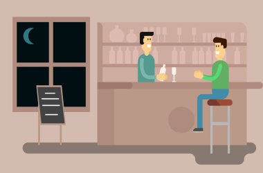 Barmen ve Müşteri Flat Style ile Bar. Boş zaman ve alkol içme vektörü çizimi