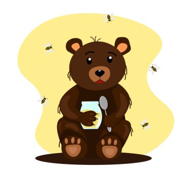 Bal kavanozu ve kaşıkla oturan ayı. Sevimli bir ayı karakter vektör sanatı