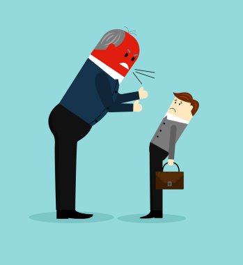 Büyük Patron, Zavallı Korkak İşçi 'ye bağırıyor. Ofis sorunları vektör sanatı