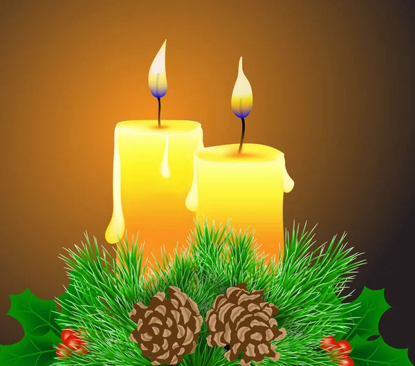 Krásná Vánoční Dekorace Hořící Svíčky Jedle Holly Bobule Vánoční Téma — Stockový vektor