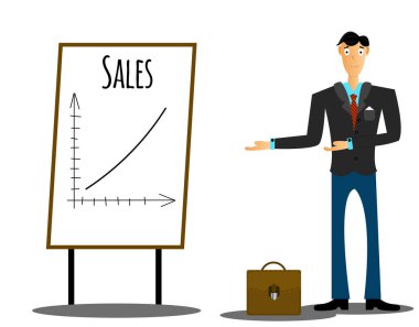 Satış grafiği gösteren bavullu bir iş adamı. İş ve başarı konu vektör sanatı