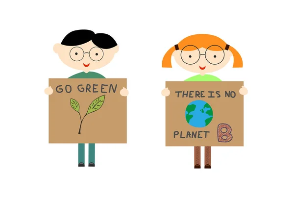 男孩和女孩气候变化与生态危机 儿童参与防治自然污染运动 — 图库矢量图片
