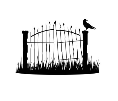 Crow 'la Kırık Eski Kapı' nın Silueti. Vektör yalıtılmış element sanatı