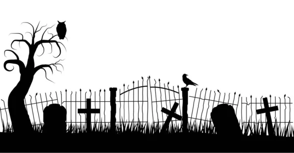 Halloween Graveyard Płot Sylwetka Kruka Social Holiday Temat Płaski Wektor — Wektor stockowy