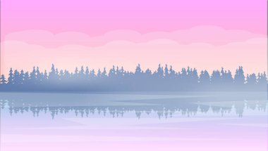 Sunrise 'daki Forest ve Picturesque Gölü. Güzel sabah manzarası vektör illüstrasyonu