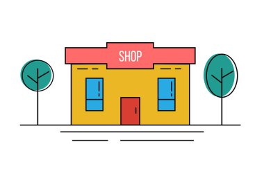 Şirin bir atölye sanatı. Ağaçlar vektör illüstrasyonlu bir mağaza