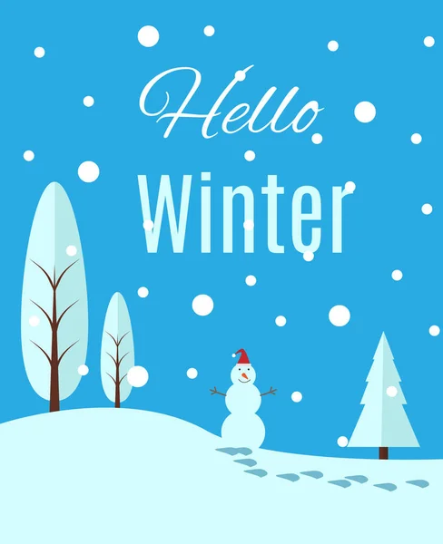 Hello Winter Banner with Snowman in the Forest Illustration. Season change and nature topic illustration
