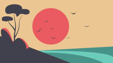 Gündoğumu ve Yalnız Ağaç 'la basit bir manzara. Doğa ve manzara vektör kavramı