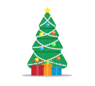 Beyaz üzerine düz stil sunan Noel Ağacı. Şenlikli kış tatili konsept taşıyıcısı