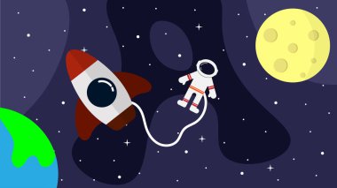Uzay Tarzı Çiziminde Gezegen ve Roket Astronot. Kozmosa uçan sevimli uzay mekiği