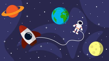 Gezegen Astronot ve Roket Düz Çizim ile Uzay. Kozmosa uçan sevimli uzay mekiği