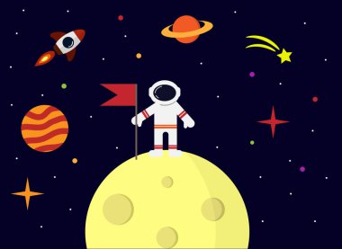 Aydaki Bayrak 'la astronot. Bilim ve uzay keşfi konsept vektörü