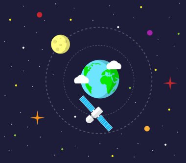 Ay ve Uydu Dünya 'nın Yörüngesinde Düz Stil. Uzay keşfi ve bilim konu vektör sanatı