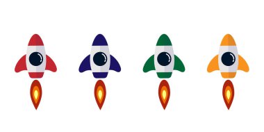 Space Rocket Düz Biçim Farklı Renkler Ayarlandı. Bilim ve teknoloji konu vektör sanatı