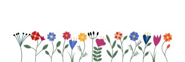 Şirin Düz Tarzlı Çayır Çiçekleri ve Yaprakları. Gelişen bahar bitkileri konsept vektörü