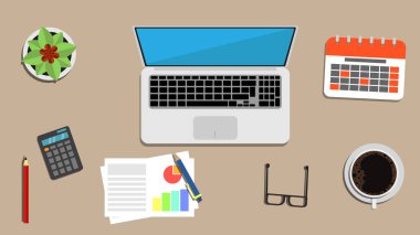 Dizüstü bilgisayarı ve teçhizatı olan bir ofis masası. Ev ve iş konsept vektöründen çalış