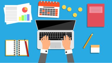 Bilgisayar ve Ofis Belgeleri İşteki İşadamı. İş yapmak ve ev kavramından çalışmak