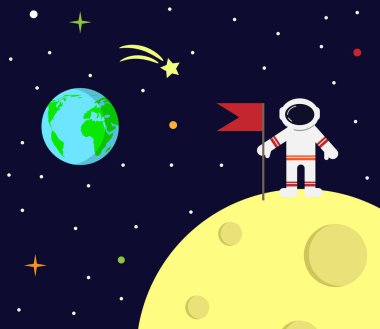 Düz Ay Bayraklı Astronot. Bilim ve uzay keşfi konsept vektörü