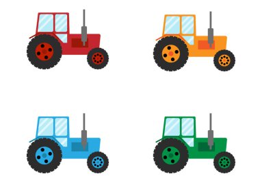 Traktör farklı renkler ayarlandı. Tarım ve tarım işi kavramı taşıyıcısı
