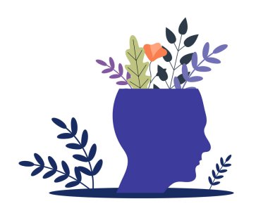 Çiçek açan psikoloji kavramına sahip insan kafası. Ruh sağlığı ve ruh sağlığı konsept vektörü