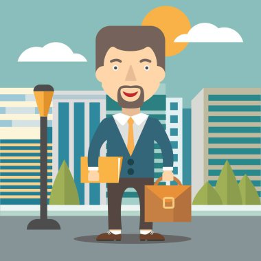 Modern Ticaret Şehri Bölgesindeki Mutlu Genç İş Adamı. İnsanlar ve iş konsepti vektörü