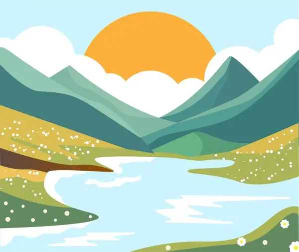 Gunung Dan Danau Pada Hari Sunny Landscape Illustration Alam Dan - Stok Vektor
