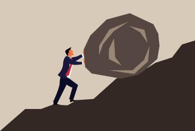 İş adamı yokuş yukarı itiyor. İş ve sıkı çalışma kavramı vektörü