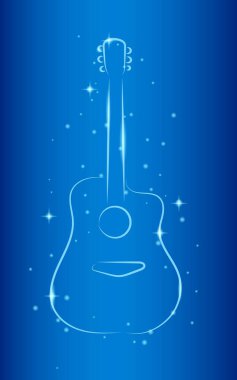 Parlak Parlak Mavi Arkaplanda Gitar Silueti. Sanat ve eğlence sektörü konsept vektörü