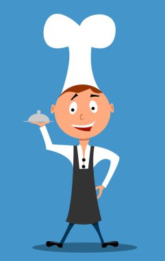 Genç Mutlu Aşçı Karakteri Yemek Servis Ediyor. İnsanlar ve meslekler konsept vektör sanatı