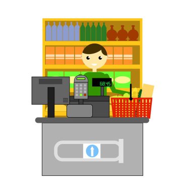 Flat Design Vector 'un kasasında çalışan mutlu kasiyer. Meslekler ve piyasa sektörü konsept vektörü