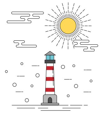 Sunshine Düz Çizgi Sanatında Deniz Feneri. Deniz yaşamı ve gemi seyrüsefer binaları