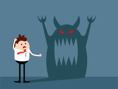 Kafası karışmış bir işadamı Şeytani Canavar Gölgesi 'ne bakıyor. Ruhsal ve zihinsel durumlar. Ruh sağlığı ve psikoloji sorunları.