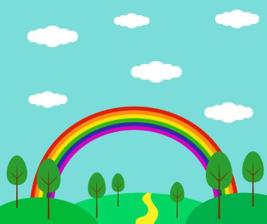 Gökkuşağı Yaz Ormanı Hillside Peyzaj Düzlüğü Tarzı. Doğal olaylar ve çocuk konsept vektör sanatı için illüstrasyon
