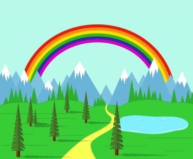 Vadide, dağların arasında Gökkuşağı ile yol. Doğa ve doğal olaylar konsept vektörü