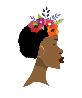 Saçında Çiçekler olan Afrikalı Kadın 'ın başı. İnsanlar ve moda konsept vektör sanatı