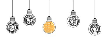 Yanan ve Parçalanmış Ampuller Fikir Üretimi. Beyin fırtınası düşünme ve başarı konsepti vektör sanatı