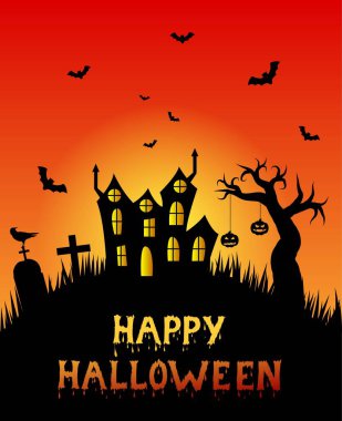 Çorak Ağaç ve Mezarlıkla Mutlu Cadılar Bayramı Korkunç Şatosu. Mevsimlik ulusal tatil konsept vektör sanatı