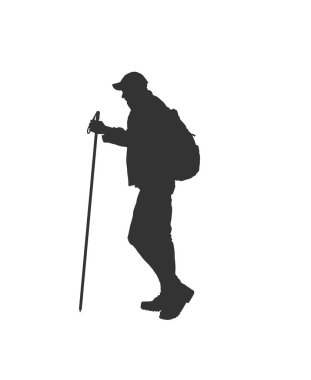 Sırt çantalı Turist Yürüyüşü 'nün silueti. Yürüyüş ve açık hava aktiviteleri konsept taşıyıcısı