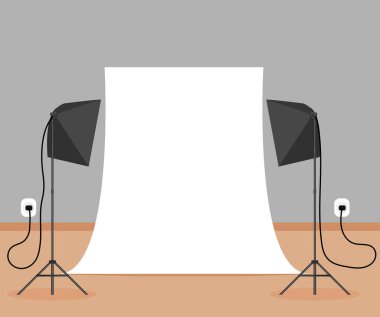 İki Işıklı ve Arkaplanlı Basit Ev Fotoğraf Stüdyosu. Sanat ve fotoğraf konsepti vektör sanatı