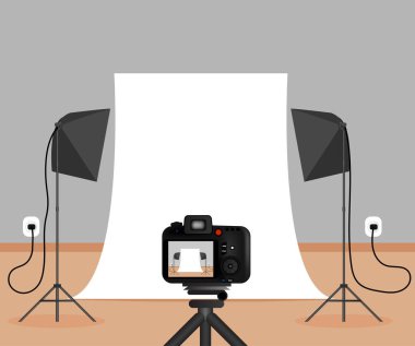 Işıklı ve Kameralı Küçük Temel Fotoğraf Stüdyosu. Sanat ve fotoğraf konsepti vektörü