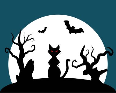 Cadılar Bayramı 'nın Ay Işığındaki Kara Kedi ve Yarasa figürü. Mevsimlik ulusal bayram konsept vektörü
