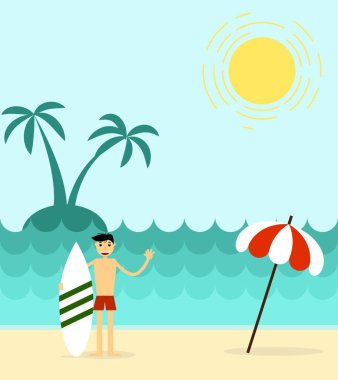 Sunny Summer Beach Flat Style 'da sörfçü. Tatil ve deniz faaliyetleri konsept taşıyıcısı
