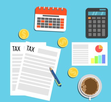 Vergi Bildirgesi Formları ve Ofis Malzemeleri Üst Görünümü. İş ve muhasebe kavramı vektör sanatı