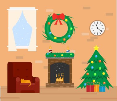 Şömine Düzlüğü Tarzı ile Sıcak Noel Atmosferi. Uluslararası kış tatili konsepti