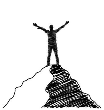 Dağ Tepesi Çizimine Ellerini Ayıran Bir Adamın Silueti. İş dünyasında liderlik ve hedeflere ulaşma konsepti vektör sanatı.