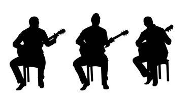 Gitarist ve Akustik Gitar Sandalyede Oturup Çalıyor. Performans sanatı ve eğlence aktivite konsepti taşıyıcısı