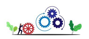 İşadamı, Çalışan Çarklar Mekanizması 'na bir Dişli Detayını İtiyor. İş, sıkı çalışma ve kararlılık konsepti vektör sanatı