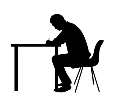 Masanın Arkasında Oturan ve Yazan Adam. Öğrenim ve ofis işleri, iş yönetimi, grafik çizmek ve yazılı bir metin vektörü yaratmak.