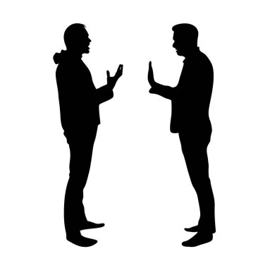 Tartışan ya da Konuşan İki Adam 'ın siluetleri. İnsanlar, aktiviteler ve duygularını ifade etme vektör sanatı